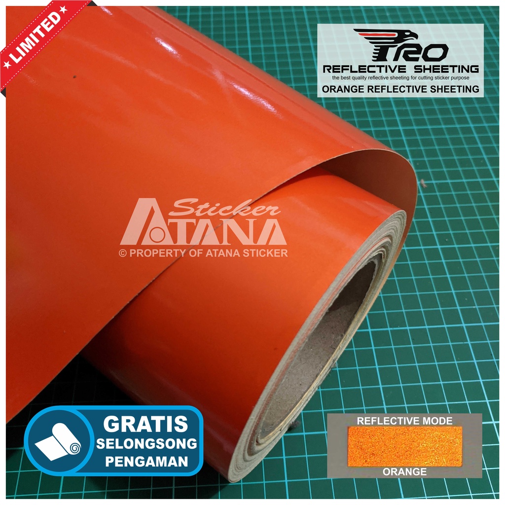 Bahan Stiker Cutting Orange Pro Reflective Sheeting Skotlet Nyala Oranye Printing Sticker Material Scotchlite Scotlet Reflektif Sechotlite Memantulkan Cahaya Flash Malam Hari Mata Kucing Prolite 3M Oralite Seicholite Asahi Kiwalite Oracal Mesin Plotter