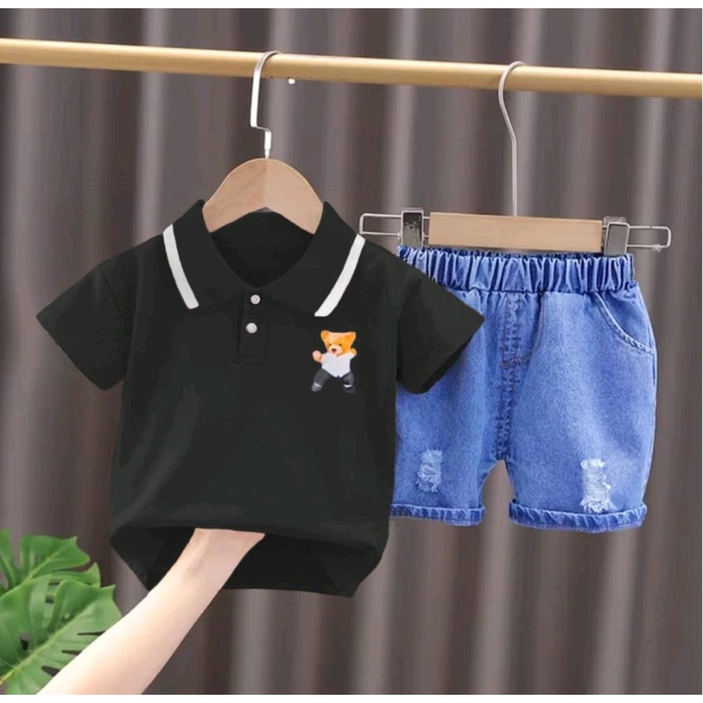 SETELAN MODEL BAJU ANAK MOTIF POLO KUNGFU PANDA DENIM / FASHION SIBUAH HATI UMUR 6-10BLN 1-5THN ANAK LAKI-LAKI DAN ANAK PEREMPUAN / BERKERAH WARNA BAHAN COMBED CELANA DENIM / OUTFIT BAJU POLO ANAK TERBARU GAMBAR HEWAN KECIL / KEREN SEKALI UNTUK ANAK-ANAK