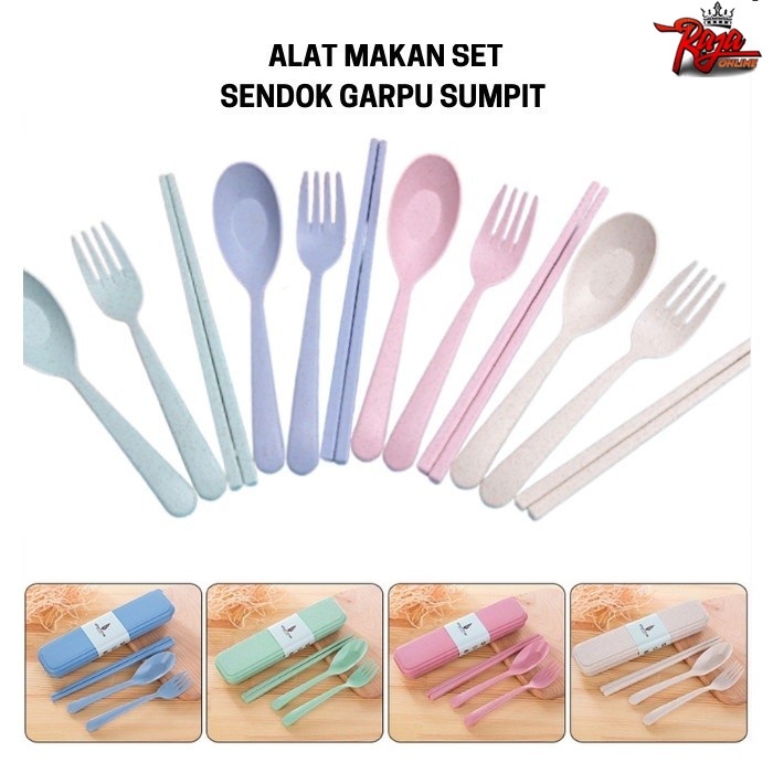 SG33- Sendok Set Garpu Sumpit Bahan Jerami / Sendok Set 3 in 1 / Perlengkapan Makan Plastik