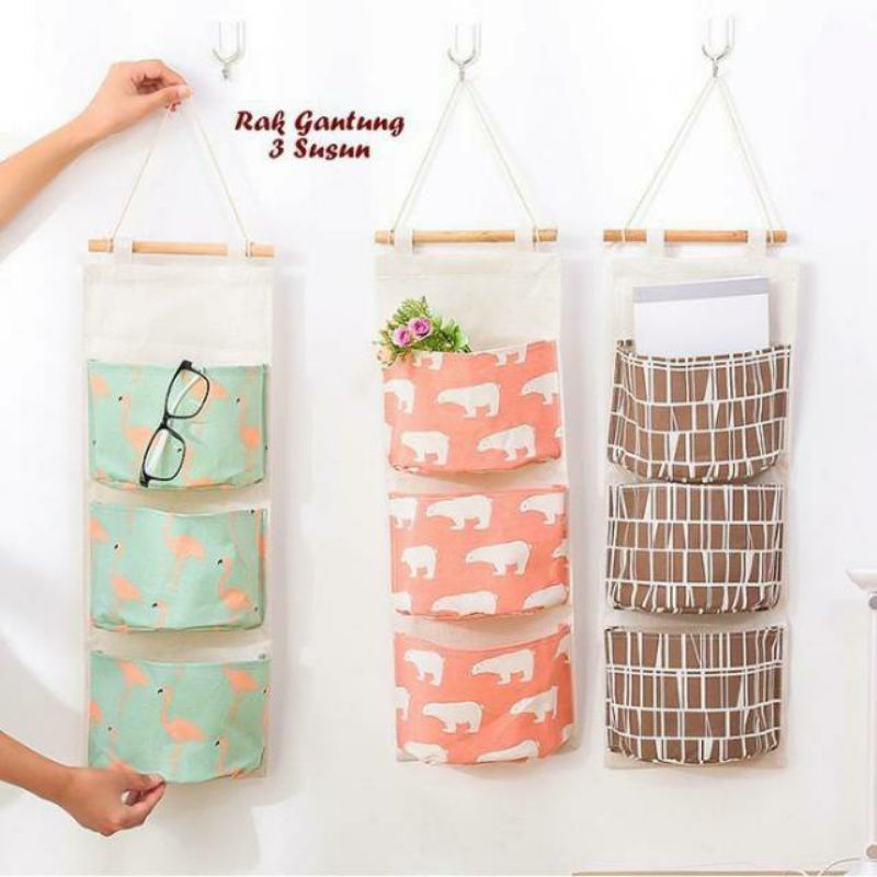 TAS STORAGE DAN RAK GANTUNG SUSUN 3 CANVAS MOTIF