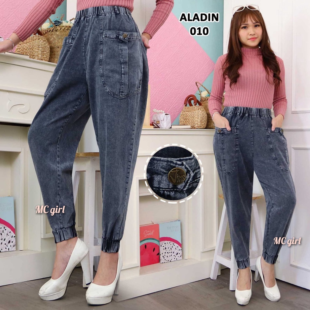 MC girl - Celana Jeans Aladin Warna Snowblack Wanita / Celana Lepis Pinggang Karet Kantong Samping Snow Black / Celana Denim Kaki Karet