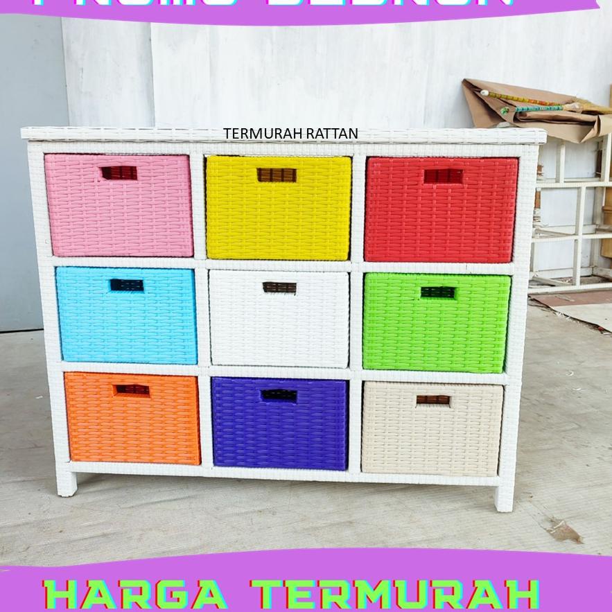 ヒ Lemari Minimalis Rak Rotan Sintetis 9 Laci Warna Warni ¥