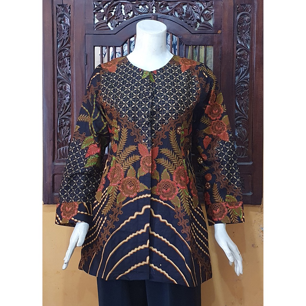 NEW Blouse ENAMOSA Atasan Kemeja Batik Wanita Blus Lengan Panjang Kancing Depan Motif Pekalongan -04-Udayana Hitam