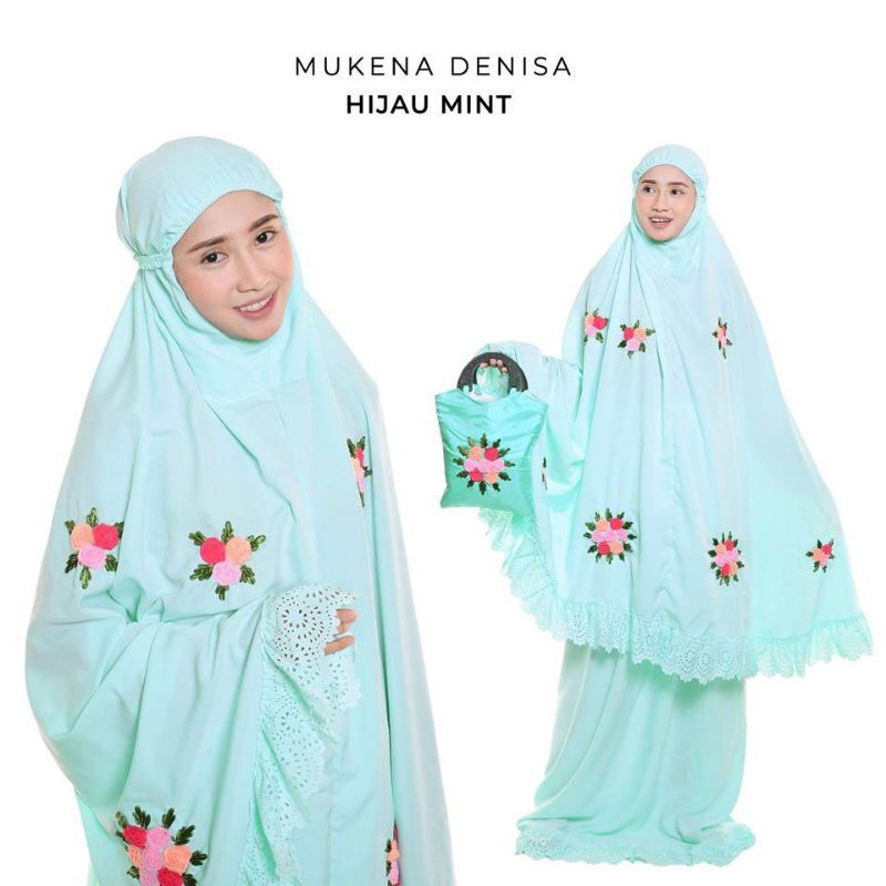 Nanoystore Official - Mukena Dewasa Premium Bahan Baby Silk Motif Bunga Denisa Warna Hijau Mint