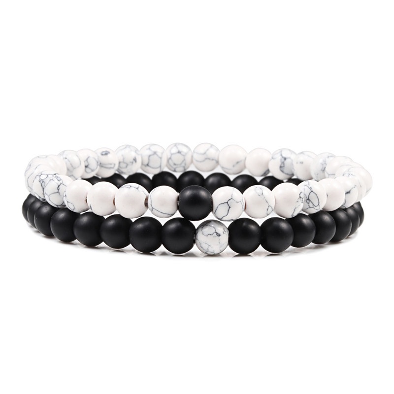 Set Gelang Tali Elastis Manik-Manik Batu Lava Alami Warna Hitam Putih Untuk Pria Dan Wanita