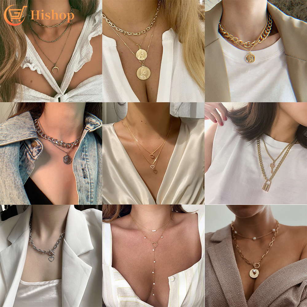 Multilayer Gold Necklace Wafer Crescent Moon Chain Pendant Jewelry for Women Fashion Accessories