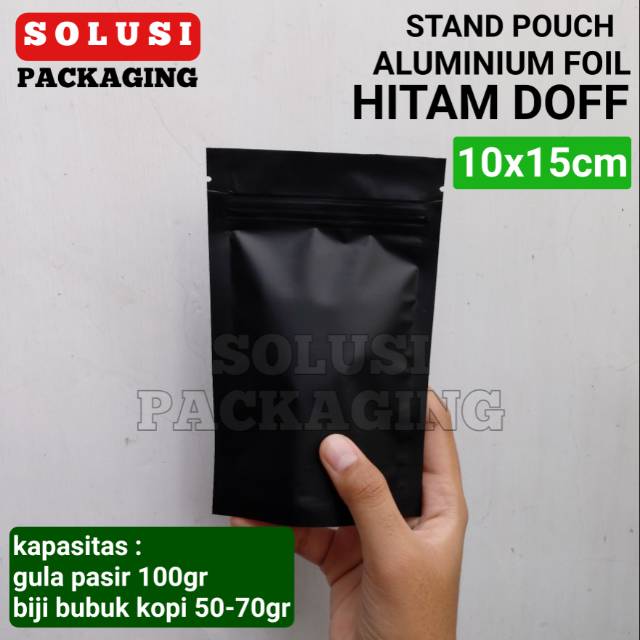 50 pcs STANDING POUCH HITAM DOFF 100GRAM 10x15 ALUMINIUM FOIL PLASTIK KLIP