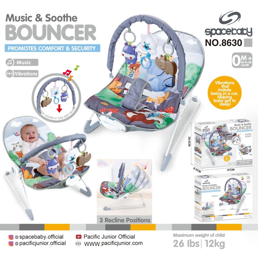 SPACE BABY SOOTHING &amp; VIBRATIONS RECLINE BOUNCER WITH MUSIC ZX-8630