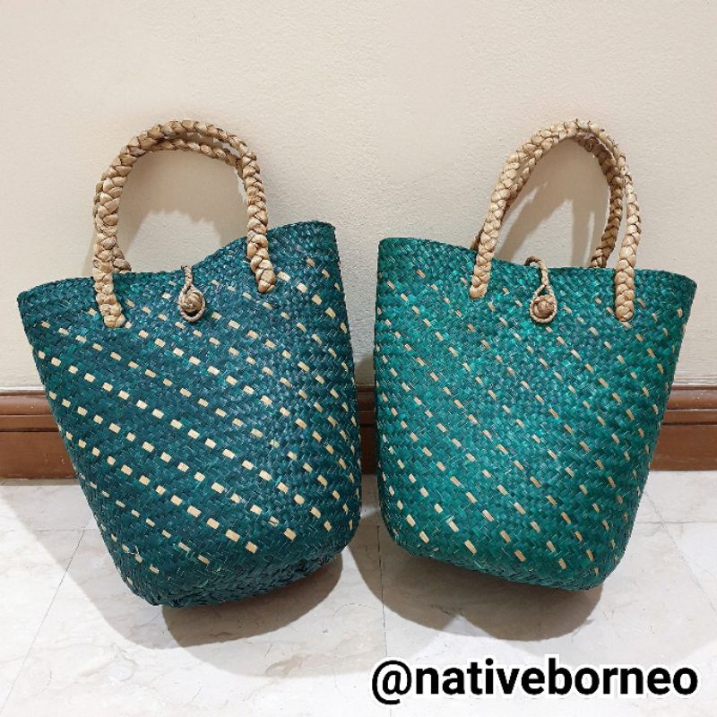Tas Purun Oval Hijau - Tas Anyaman Hijau, Tas Hampers, Tas Parcel, Tas Belanja Anyaman