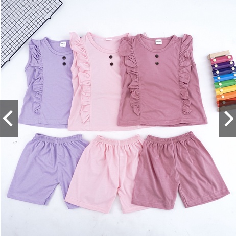 SET EV EV ANAK PEREMPUAN RUFFLE | SETELAN BAJU ANAK LENGAN BUNTUNG CELANA PENDEK 1-5 THN