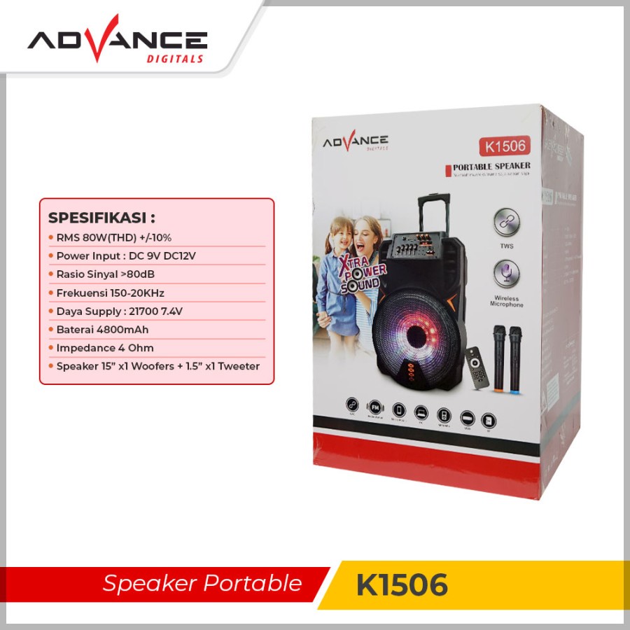 COD SPEAKER BLUETOOTH WIRELESS ADVANCE 15 INCH K1506 BONUS 2 MIC WIRELESS + REMOTE X-BASS / SPEAKER SALON AKTIF 15 INCH / SPEAKER WIRELESS ADVANCE 15 INCH K-1506 SUPER BASS / SPEAKER KARAOKE