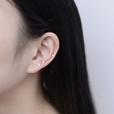 100% S999 Silver Needle Ear Stick Stud Earrings Diamond Zircon Basic Simple Helix Piercing Minimalist Hypoallergenic