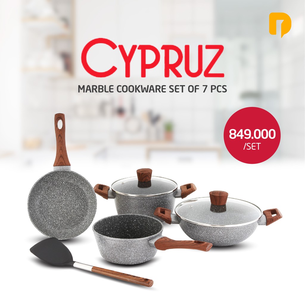 Cypruz Marble Cookware Set Of 7 Pcs | Panci Set Marble Coating Tutup Defect