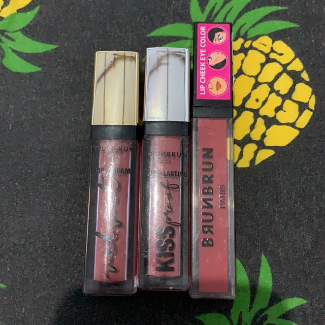 Brunbrun lipcream velvet, brunbrun longlasting kissproof,brunbrun lip cheek and eye