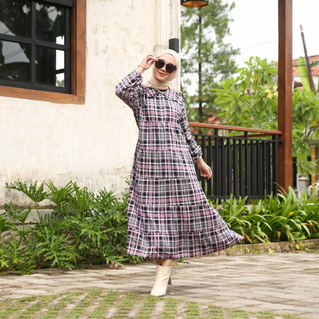 Dress Midi Rayon Viscose Premium Motif Kotak Kotak Gamis Baju Wanita