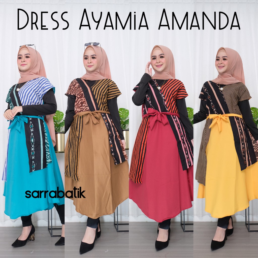 Dress Ayamia Amanda Batik Tenun Alaia Kimono Kombinasi Modern Midi Dress Kerja Seragam Kantor