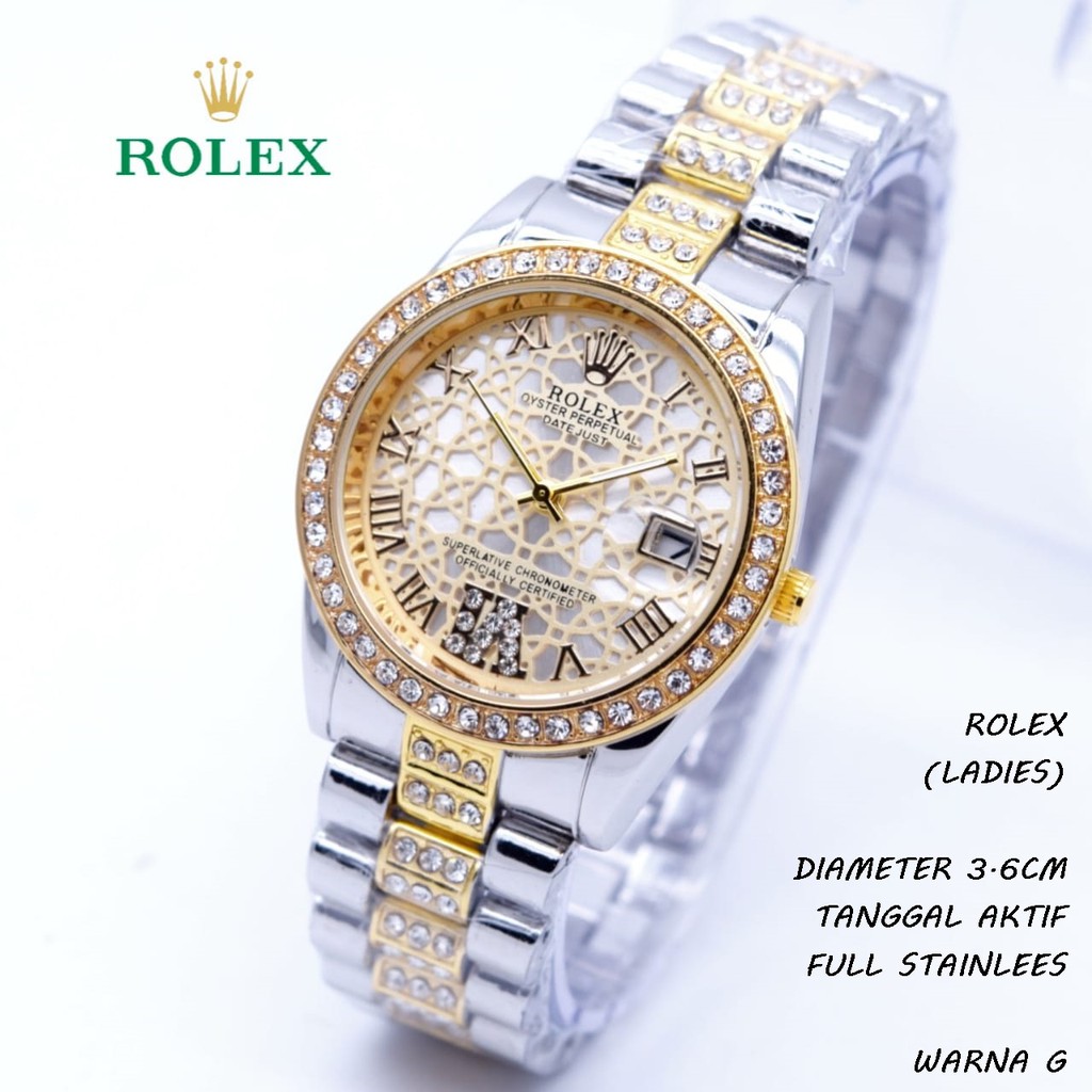 JAM TANGAN WANITA ROLEX MADU RANTAI TANGGAL AKTIF