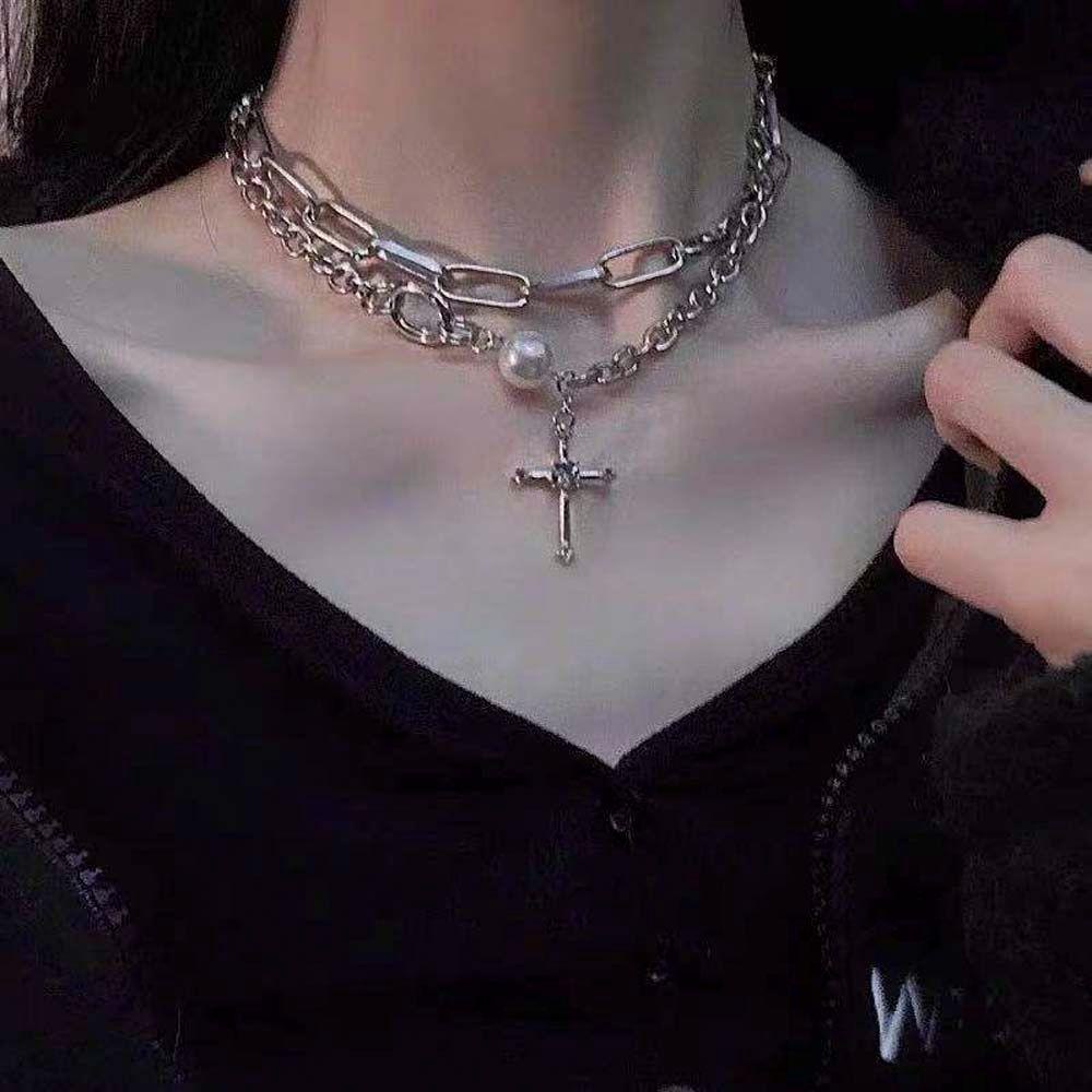 Kalung Choker Rantai Klavikula Liontin Salib Kilau Mutiara Banyak Warna Gaya Korea Untuk Perhiasan Wanita