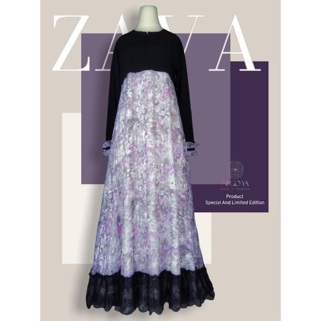Nigoya Syar'i - ZAVA Lace Black Set Gamis Mewah Sifon Cornskin Swarovski Original