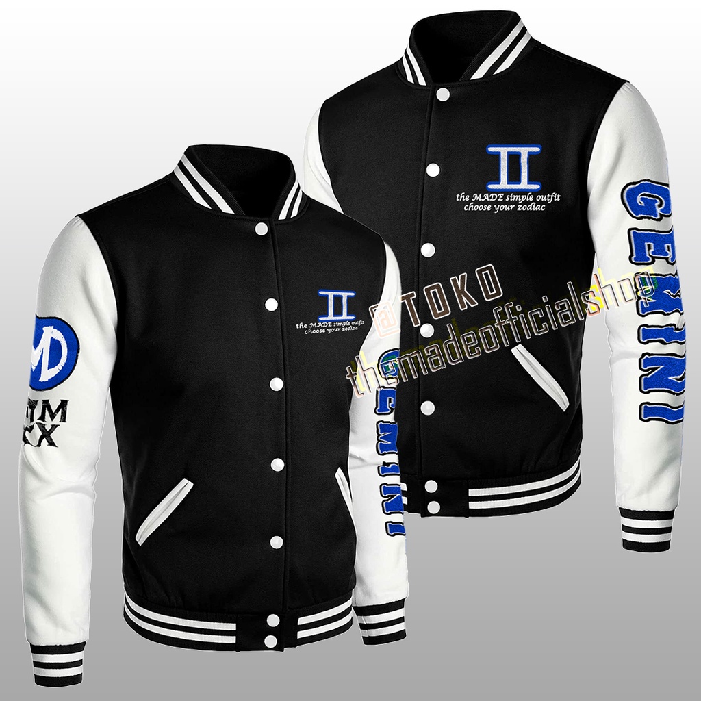 Jaket Bomber Varsity Baseball Original Motif Zodiak Full Bordir / Jaket Sweater Baseball Bahan Kain Motif Zodiak Scorpio-Virgo-Gemini-Pisces-Libra-Sagittarius-Cancer-Capricorn-Leo-Taurus-Aries-Aquarius (The MADE Original)