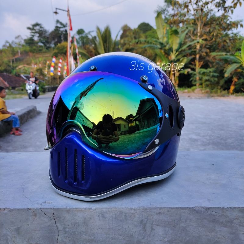 HELM CUSTOM CAKIL PILOT VISOR KLASIK RETRO LIST CHROME