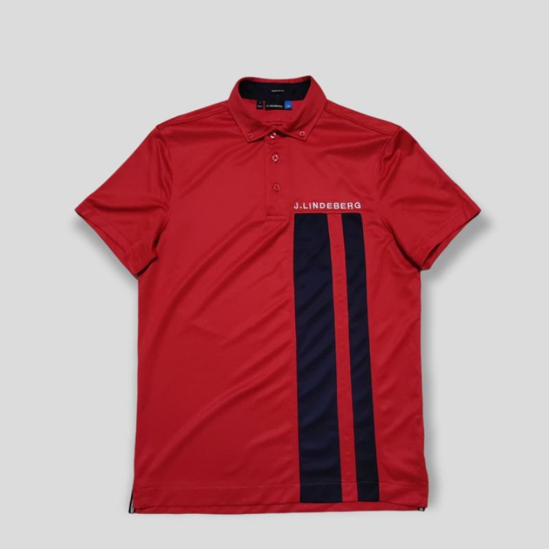 J.Lindeberg Fieldsensor Golf Red with Navy Stripe Jersey Polo Shirt Preloved