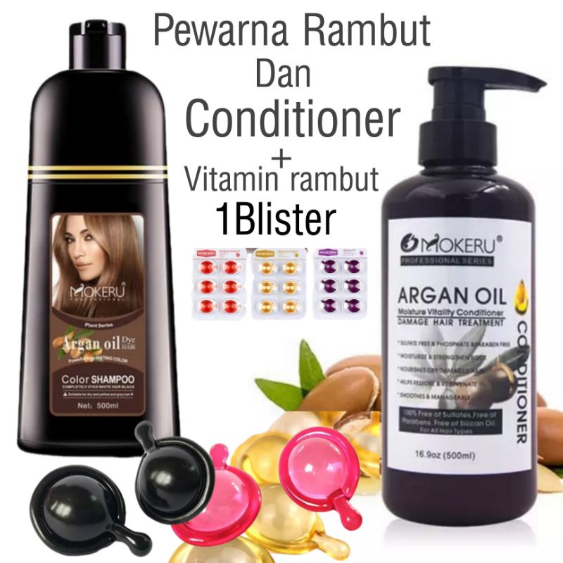 MOKERU (1SET) Pewarna Rambut Herbal | Argan Oil Dye hair shampoo 500ml Dan Conditioner 500ml+Vitamin rambut 1Blister.