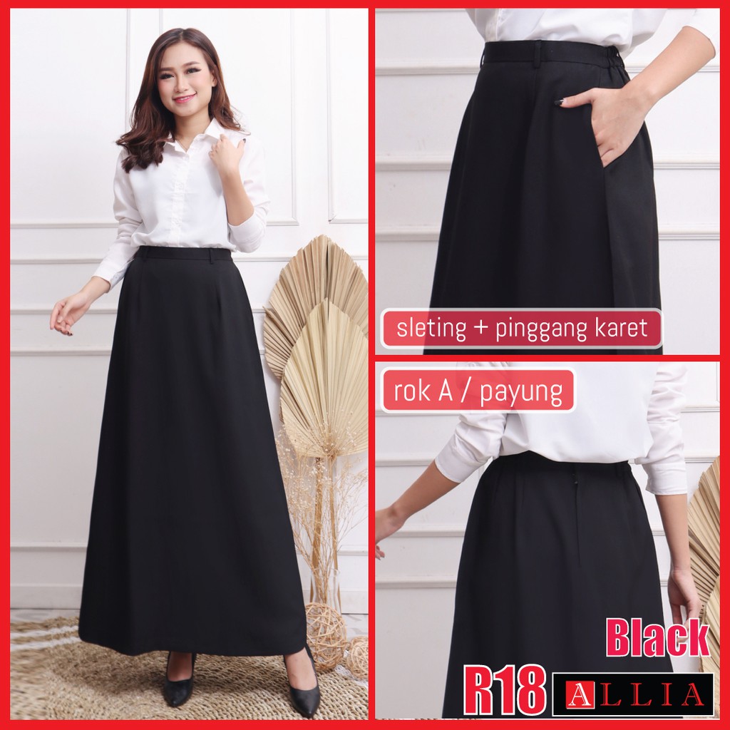 Rok A Line / ALLIA R18 Black M - 7L / Rok Payung Jumbo / Rok kerja Wanita