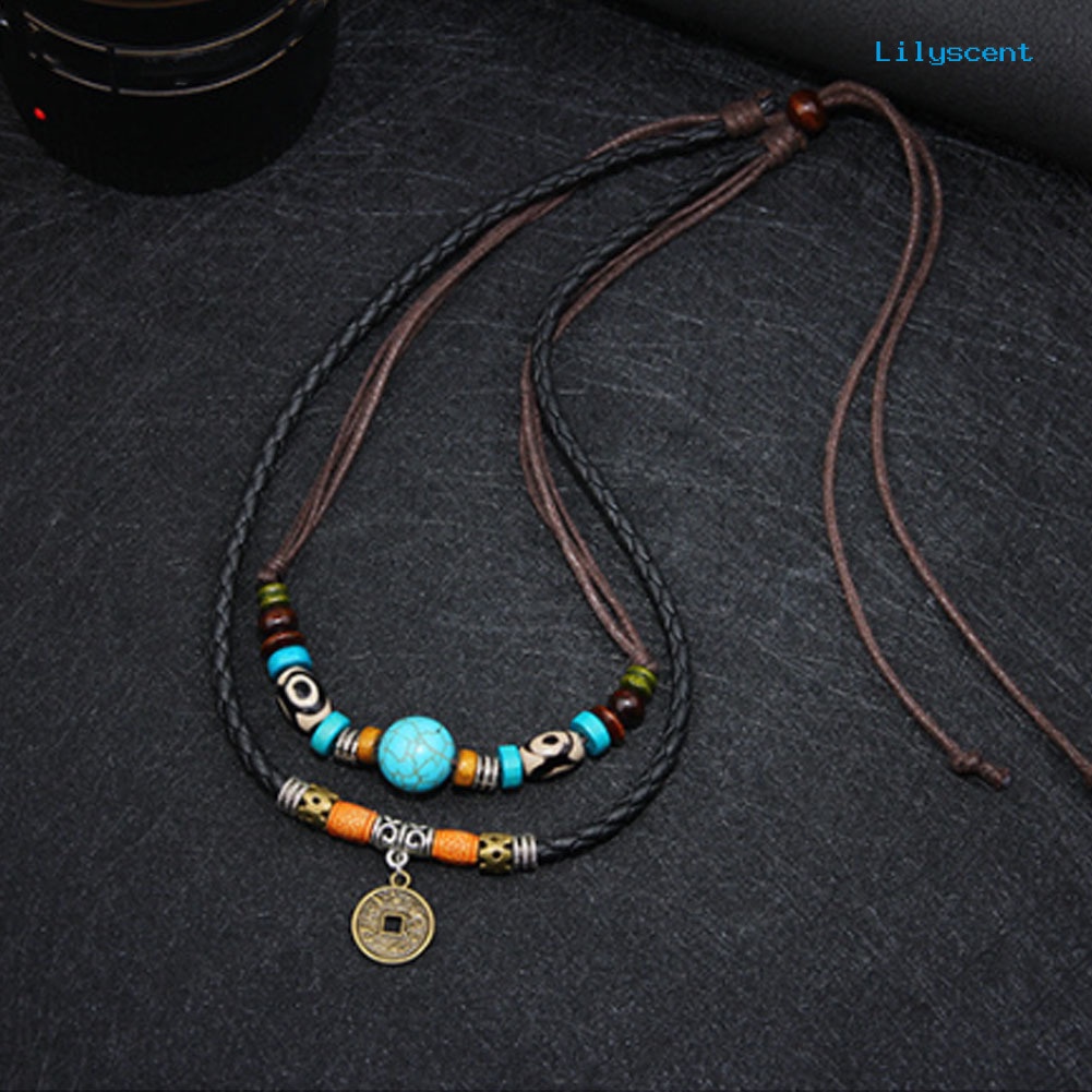 Kalung Choker Multilayer Dengan Liontin Koin Manik-Manik Turquoise Imitasi Untuk Pria