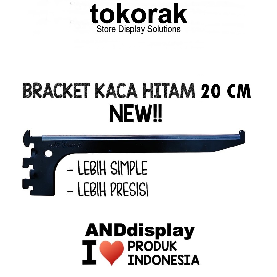 DAUN BRACKET KACA 20CM HITAM AMBALAN DISPLAY SIKU PENYANGGA RAK BRAKET