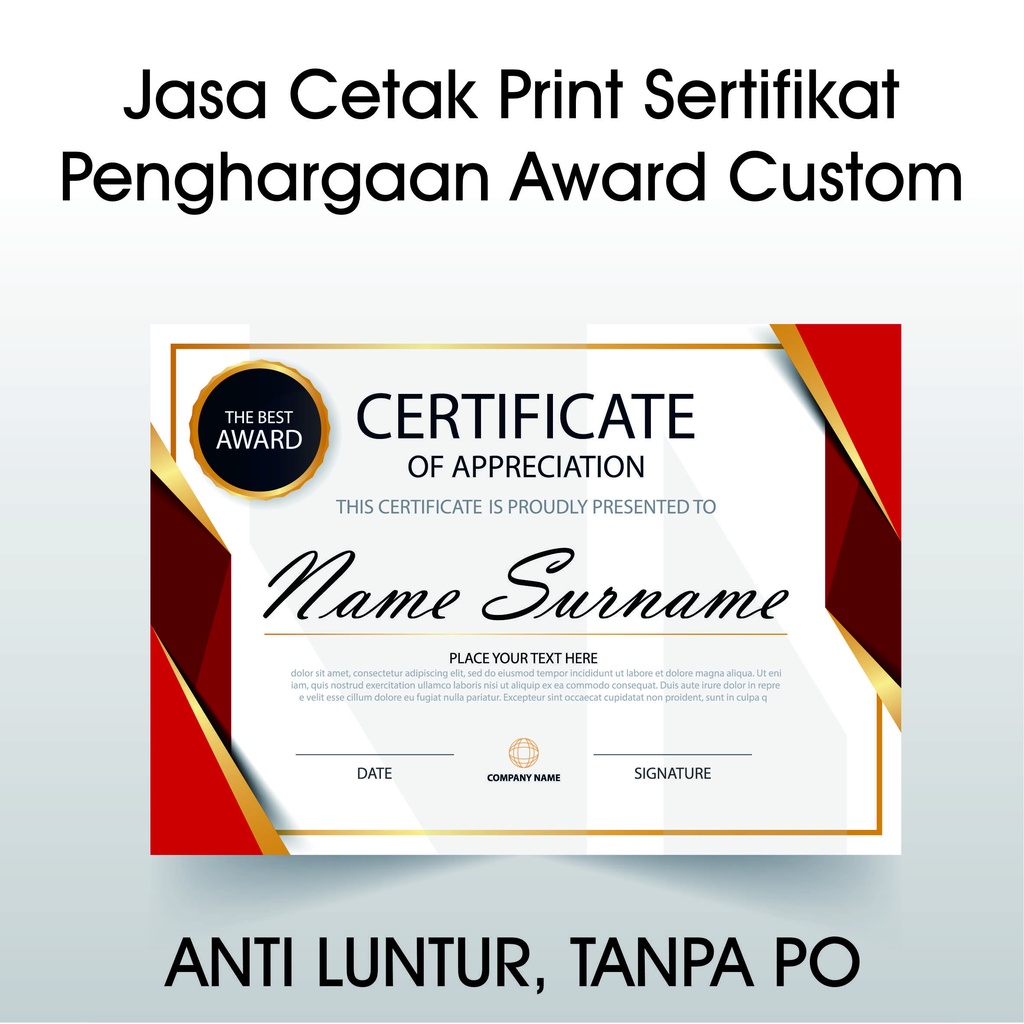Jasa Cetak Print Sertifikat Custom Piagam Penghargaan Desain Sendiri MURAH Anti Luntur
