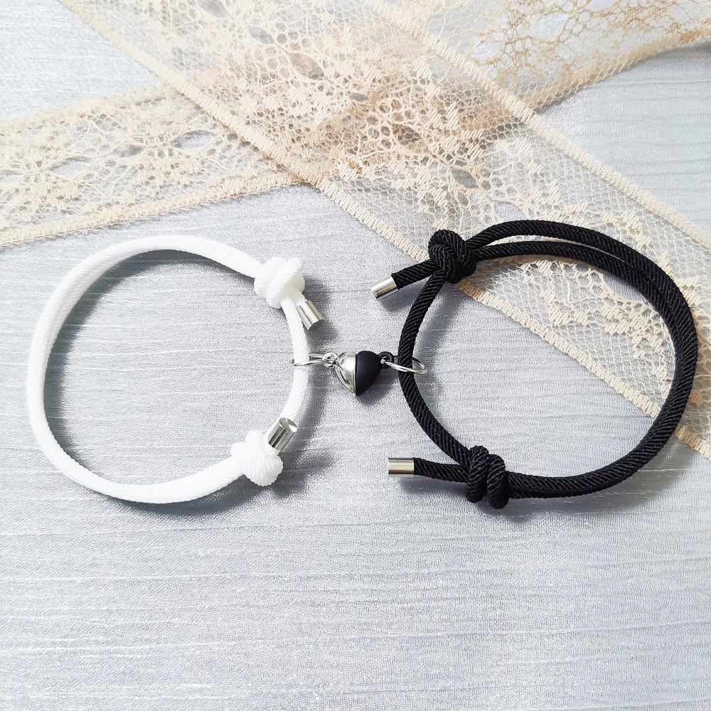 AZ194 [Cod][Ready Stock]2pcs Set Gelang Tali Magnet Pria Wanita Teman Pasangan Gadis Hitam | Gaya Hati Black Couple Bracelet