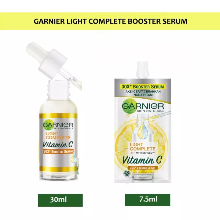 Garnier Light BRIGHT Complete Vitamin C 30x Booster SERUM Wajah (Cerahkan Noda Hitam) - 30 ml / 15 ML / Sachet 7,5 ML - Yuzu Kuning Ukuran Kecil Besar Sacet Saset BPOM Wajah Putih Glowing