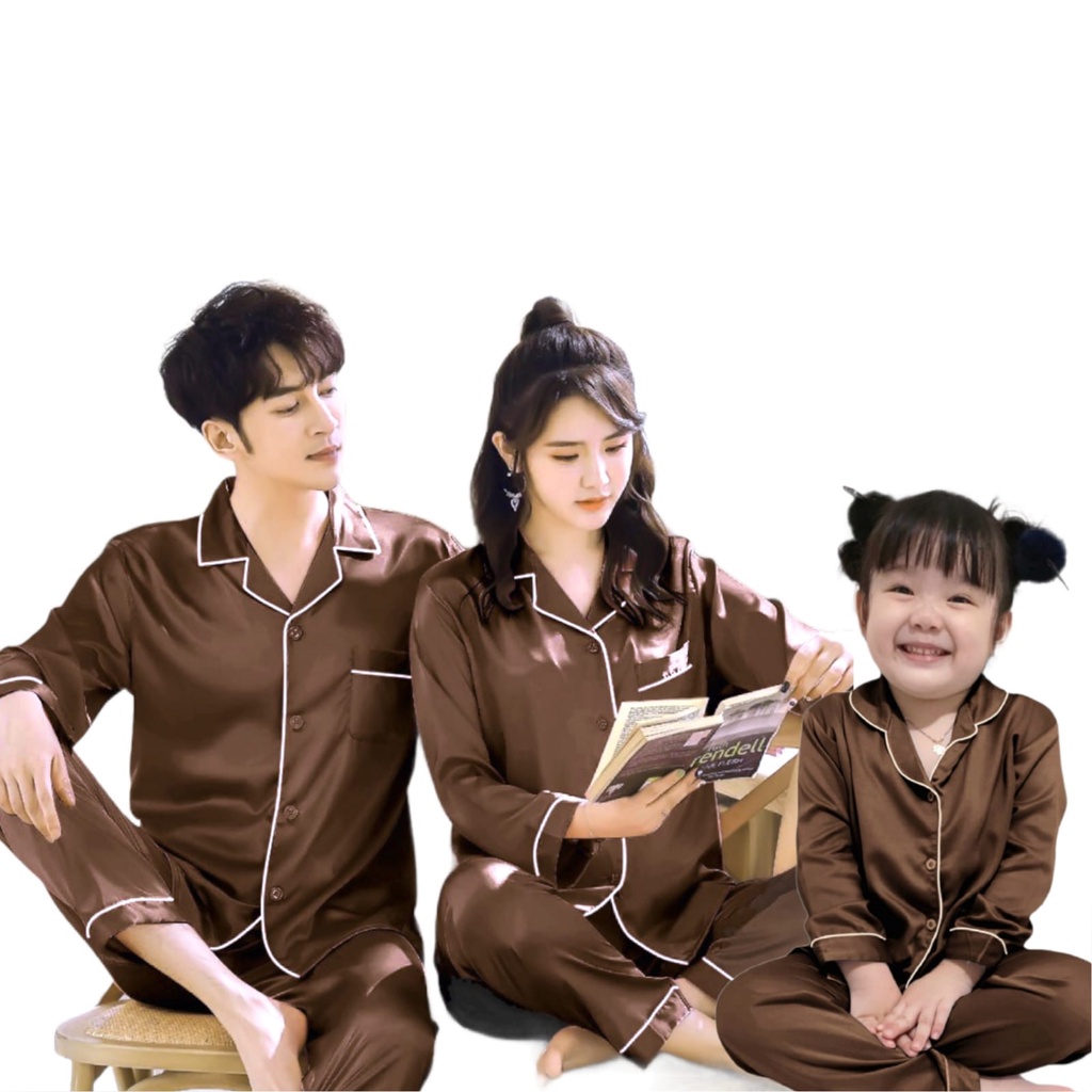 PIYAMA LENGAN PANJANG / BAJU TIDUR COUPLE IBU AYAH DAN ANAK COWOK CEWEK BAHAN SATIN SILK COKLAT