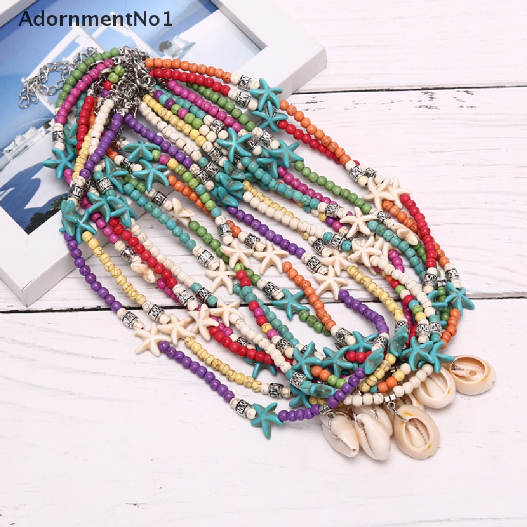 (AdornmentNo1) Kalung Choker Gaya Bohemia Motif Bintang Laut + Kerang + Manik-Manik Turquoise Untuk Wanita / Pantai