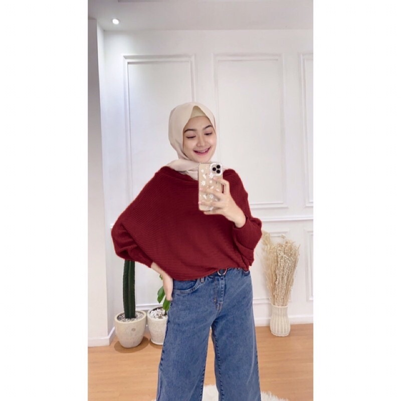 Atasan Blouse Wanita Premium / Lasperal Batwing Rajut Premium / Baju Rajut Wanita / Baju Rajut Batwing / Batwing Rajut Premium / Rajut Kalongo-Merah Maroon