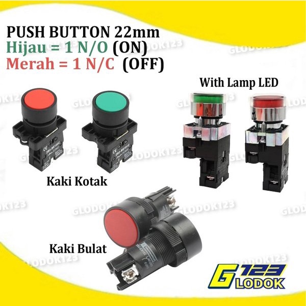 Push Button Tombol Lampu LED 22mm 25mm On Off Merah Hijau Start Stop