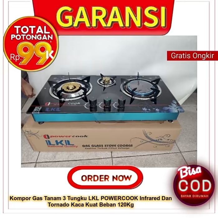 Kompor Gas Tanam 3 Tungku LKL POWERCOOK Infrared Dan Tornado Kaca Kuat Beban 120Kg
