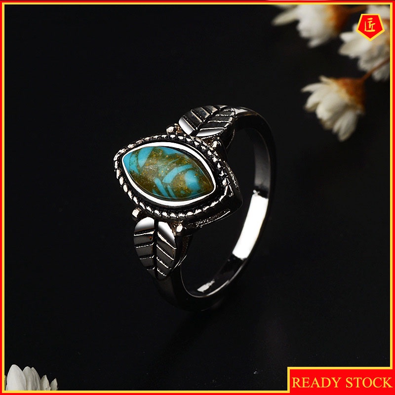 [Ready Stock]Creative Retro Turquoise Leaf Ring Noble and Elegant