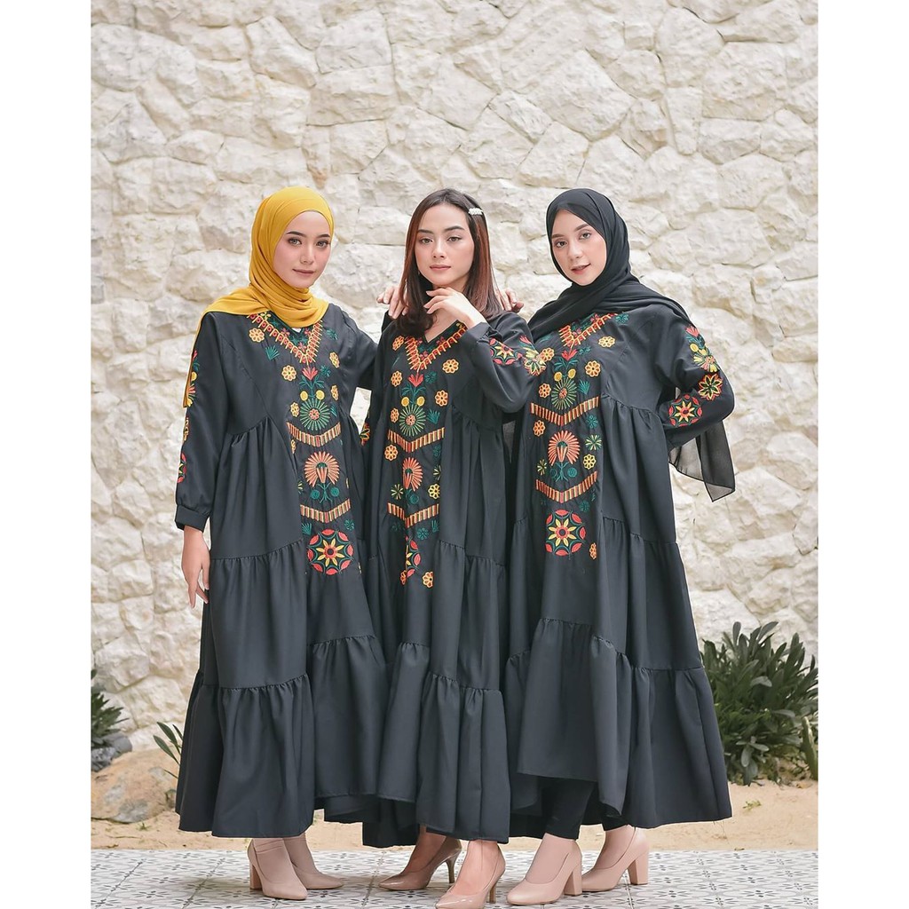 Dress Ramadhani Hitam | Dress Bordir Bunga | Dress Gamis Syari