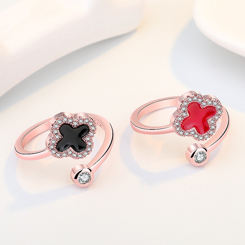 Cincin S925 Silver Bentuk Daun Clover Warna Rose Gold Gaya Korea Untuk Wanita
