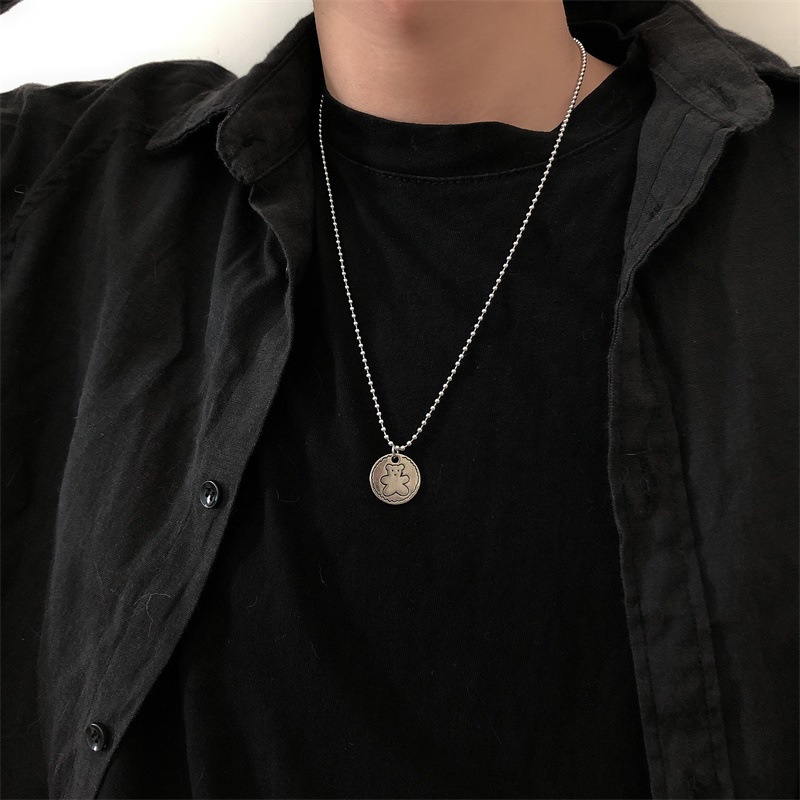 Cartoon Bear Biscuit Round Brand Bead Chain Necklace Round Alloy Pendant