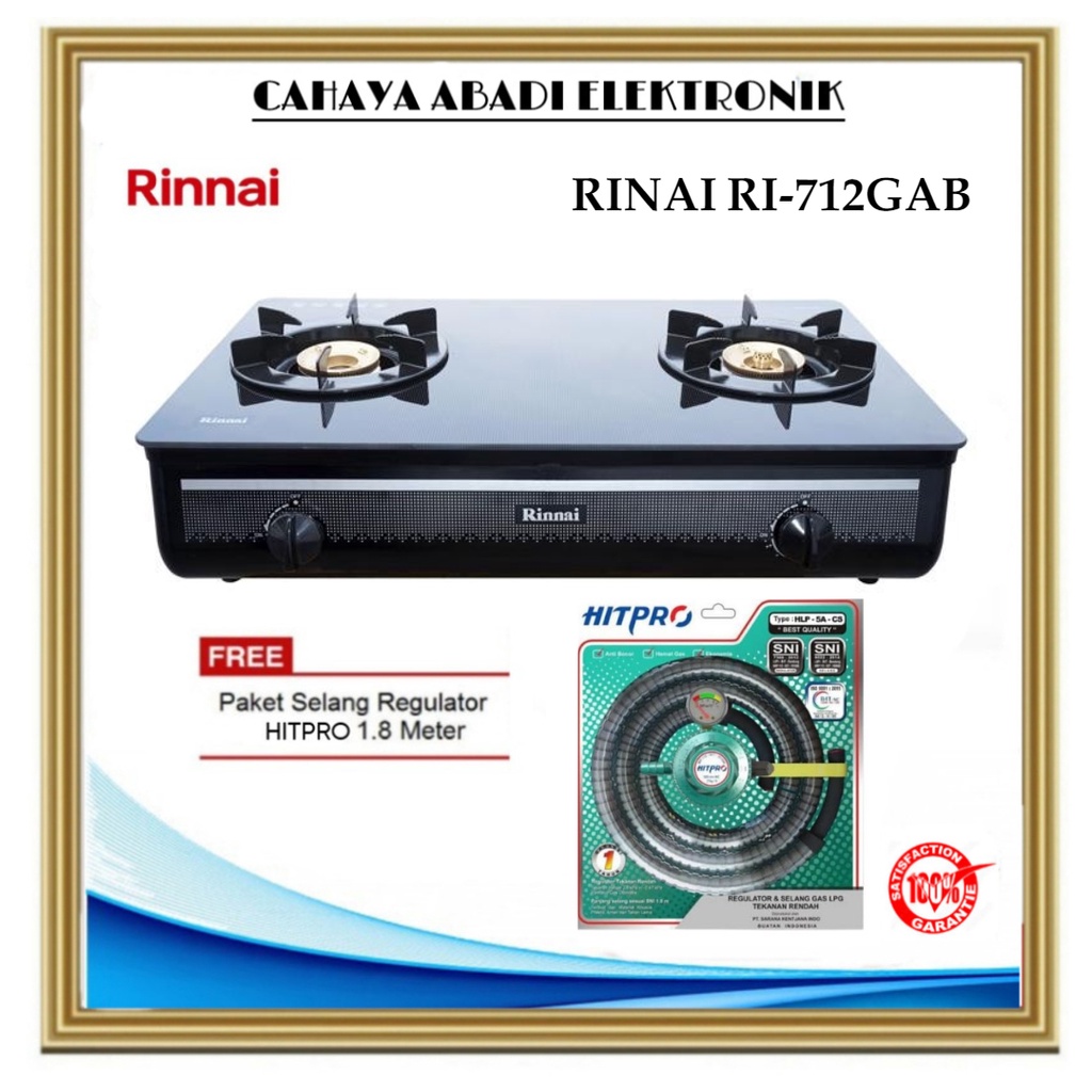 Rinai Kompor Gas Kaca 2 Tungku RI-712GAB Free Regulator Selang Hitpro