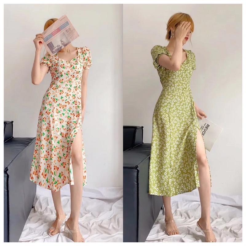 Dress Midi Lengan Pendek Hitam Putih Hijau Bunga Musim Panas