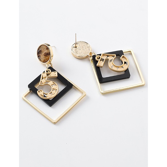 LRC Anting Tusuk Fashion Number 5 Plush Leopard Geometric Square Openwork Number 5 Earrings D20795