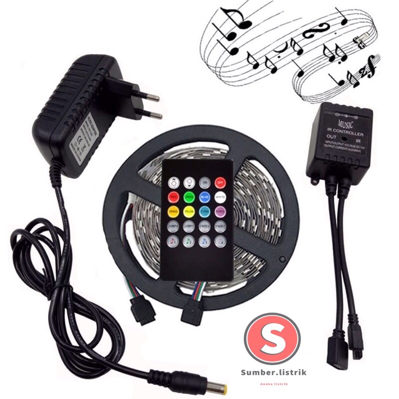 LAMPU LED  STRIP 5050 / 2835 / 3528 5m RGB REMOT SENSOR MUSIC  IP65 5M AC 220V + ADAPTOR + REMOTE 5050 (LAMPU TIKTOK)