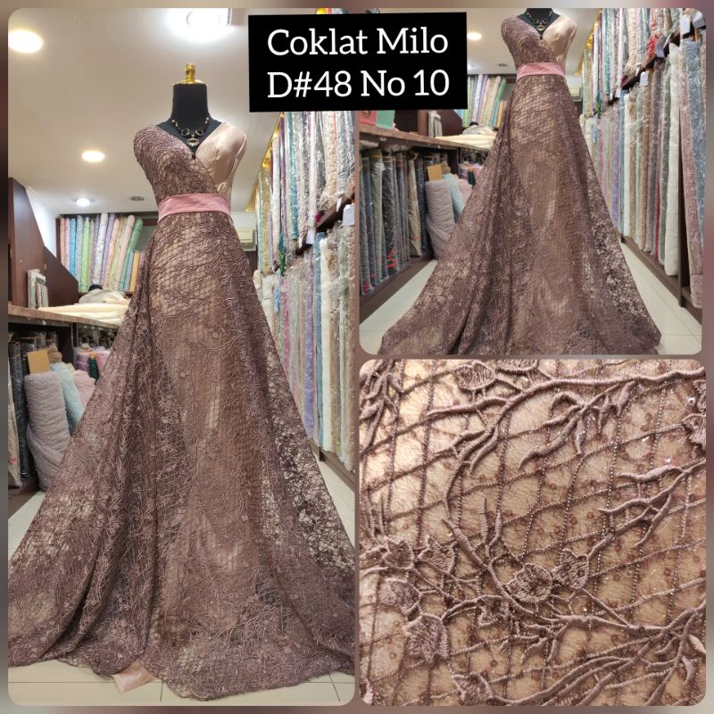 Kain Tile Brokat 3D Benang Silang Motif Bunga Akar D#48 No 10 Coklat Milo