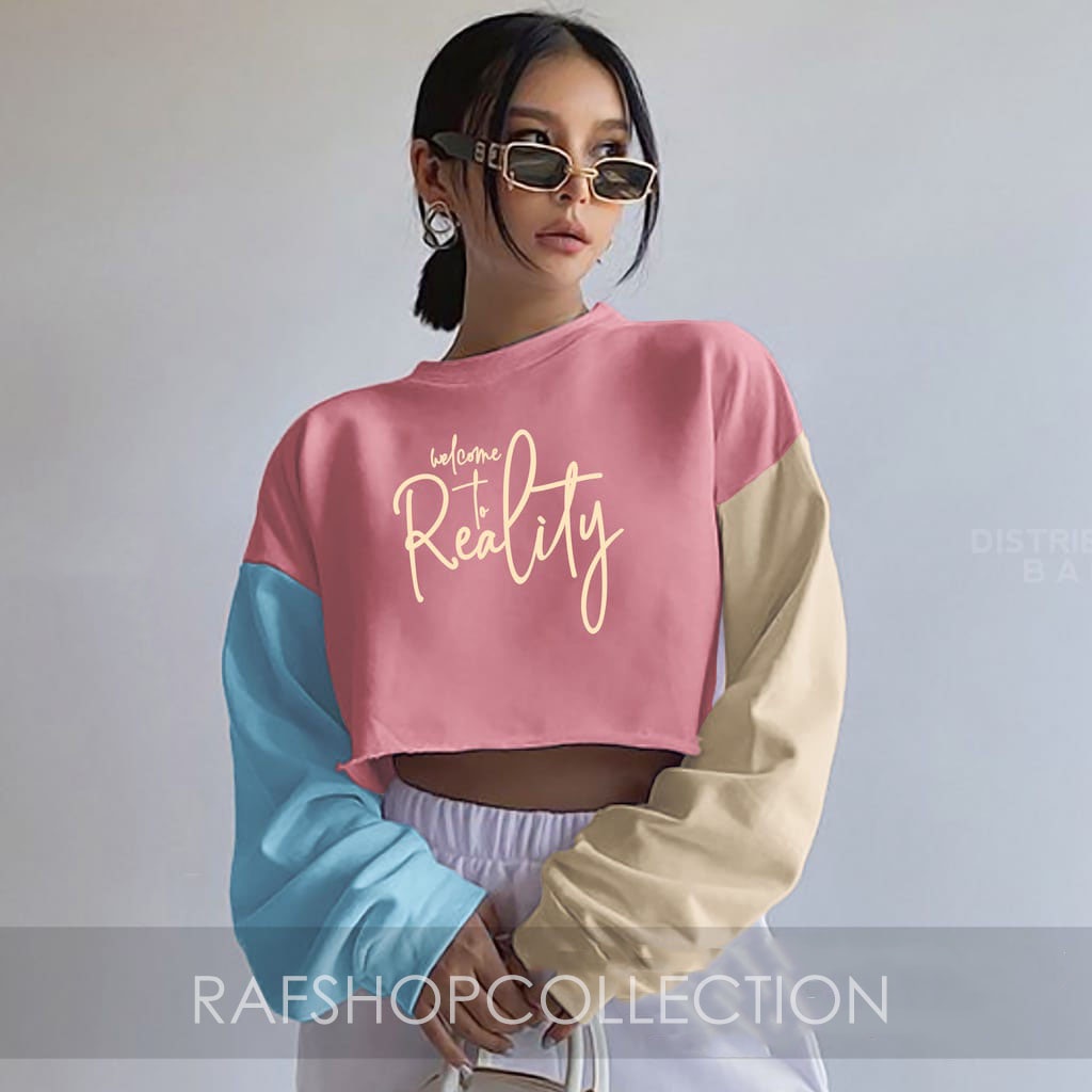 Crop Sweater Colourfull Welcome to reality/ BAJU WANITA-sweatercrop