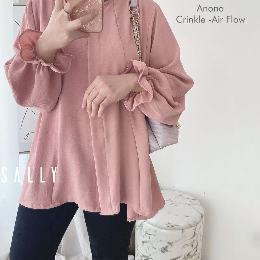 ☄ Anona crinkle airflow blouse wanita busui full kancing / oversized ➲