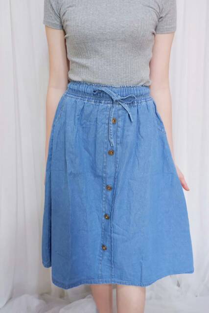 Rok Jeans wanita bahan denim kantong hidup panjang selutut bisa Cod